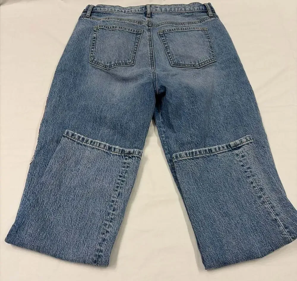 LOFT The Straight Crop Patchwork Floral Denim Jeans Light Wash Size 4